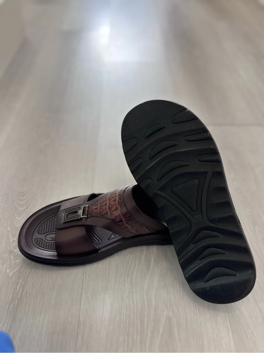 Men's Brown Slide Sandals with Croc-Texture Strap